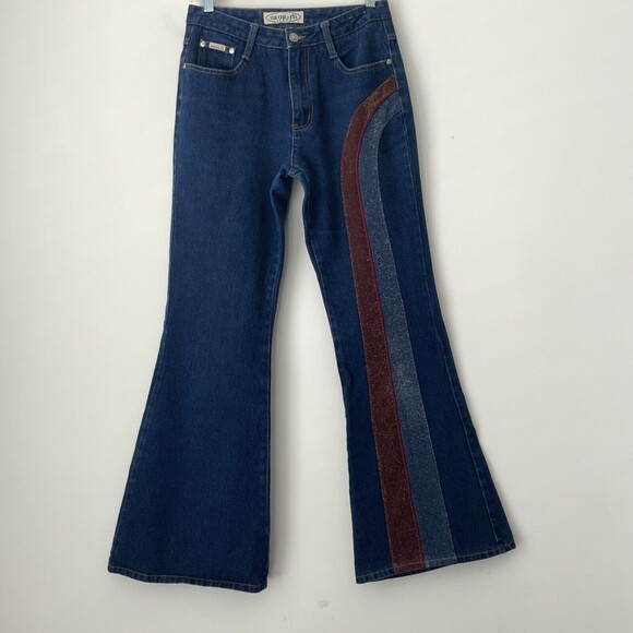 Zana.di Flare Leg Double Glitter Stripe Jeans Blue 7/8 - Picture 11 of 11